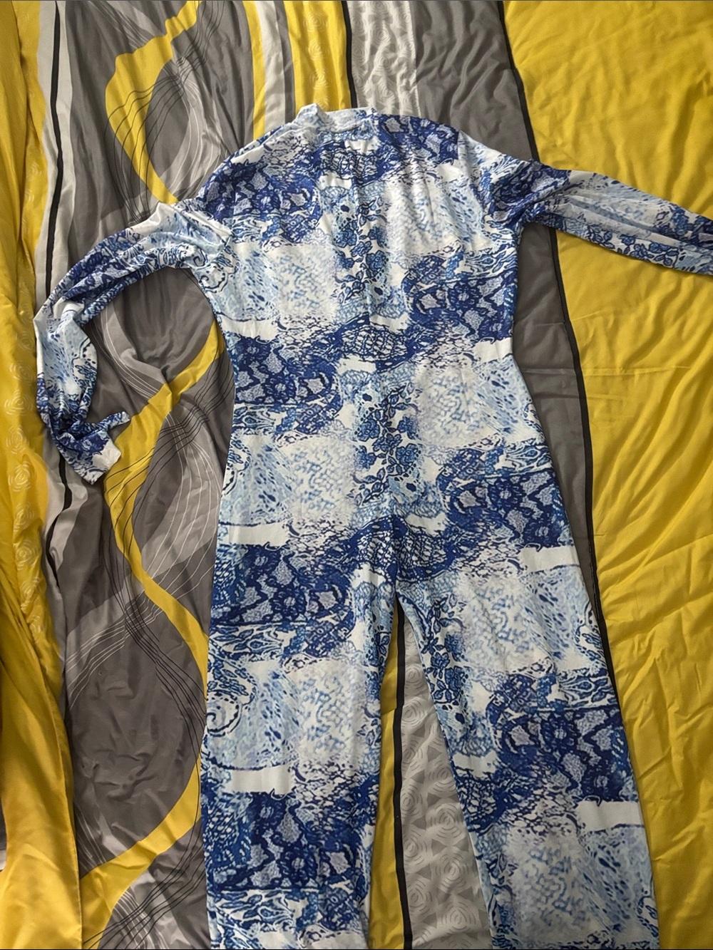 Blue Printed Long-Sleeve Women’s Jumpsuit